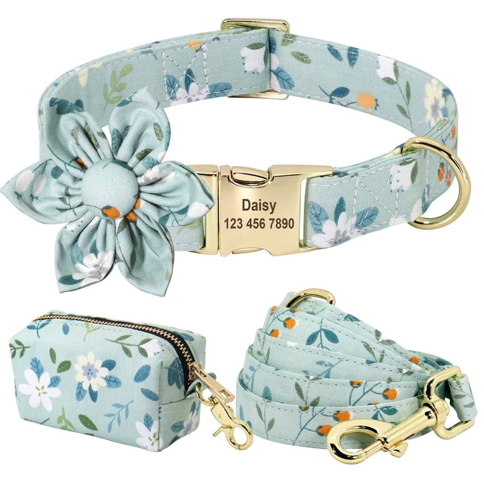 Floral Persoalized Dog Collar Fashion Printed Custom Nylon Dog Collars With Free Engraved Nameplate For Small Medium Large Dogs