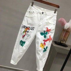 Women White Denim Jeans Cartoon Graffiti Flowers Print Stretched Hallen Jeans Pencil Pants Autumn Skinny Jeans LU1271