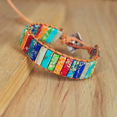 Natural Stone Handmade Multi Color Chakra Bracelet Jewelry Tube Beads Leather Wrap Bracelet Creative Gifts Couples Bracelets