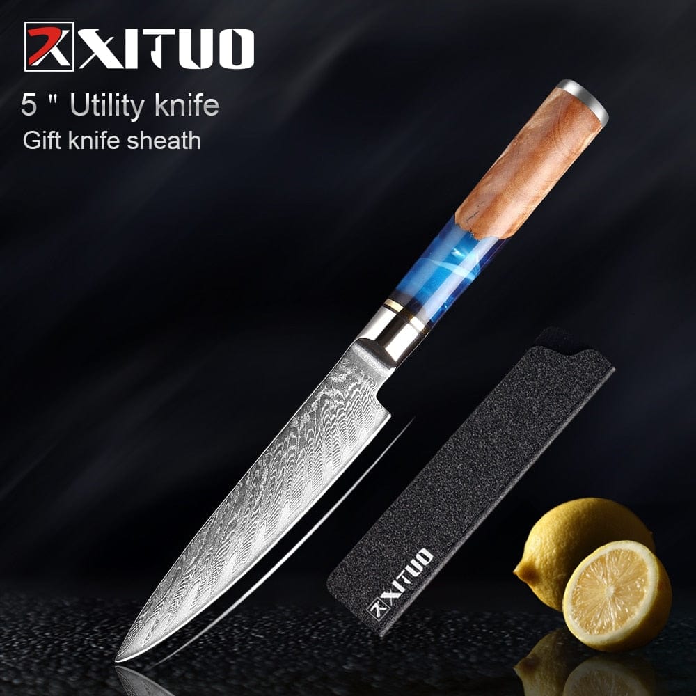 XITUO Kitchen Knives-Set Damascus Steel Chef Knife Cleaver Paring Utility Bread Knife Cooking Tool Blue Resin Handle 1-6Pcs/Set - Wowza