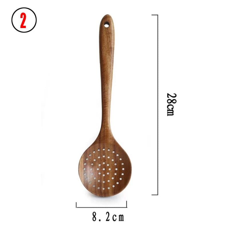 7pcs/set Teak Natural Wood Tableware Spoon Ladle Turner Rice Colander Soup Skimmer Cooking Spoon Scoop Kitchen Reusable Tool Kit - Wowza