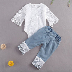 lioraitiin New 0-24M Baby Girls Fall Clothes Long Sleeve Lace Romper Suit Triangle Crotch Lace Top  Hole Long Jeans 2Pcs Outfit