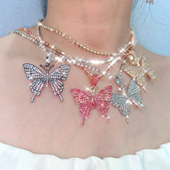 Statement Big Butterfly Pendant Necklace Rhinestone Chain for Women Bling Tennis Chain Crystal Choker Necklace Party Jewelry