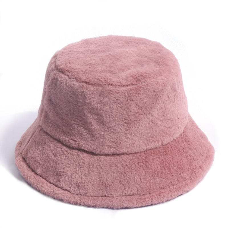 FOXMOTHER Winter Outdoor Vacation Lady Panama Black Solid Thickened Soft Warm Fishing Cap Faux Fur Rabbit Bucket Hat For Women