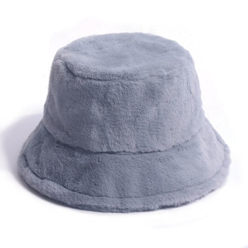 FOXMOTHER Winter Outdoor Vacation Lady Panama Black Solid Thickened Soft Warm Fishing Cap Faux Fur Rabbit Bucket Hat For Women