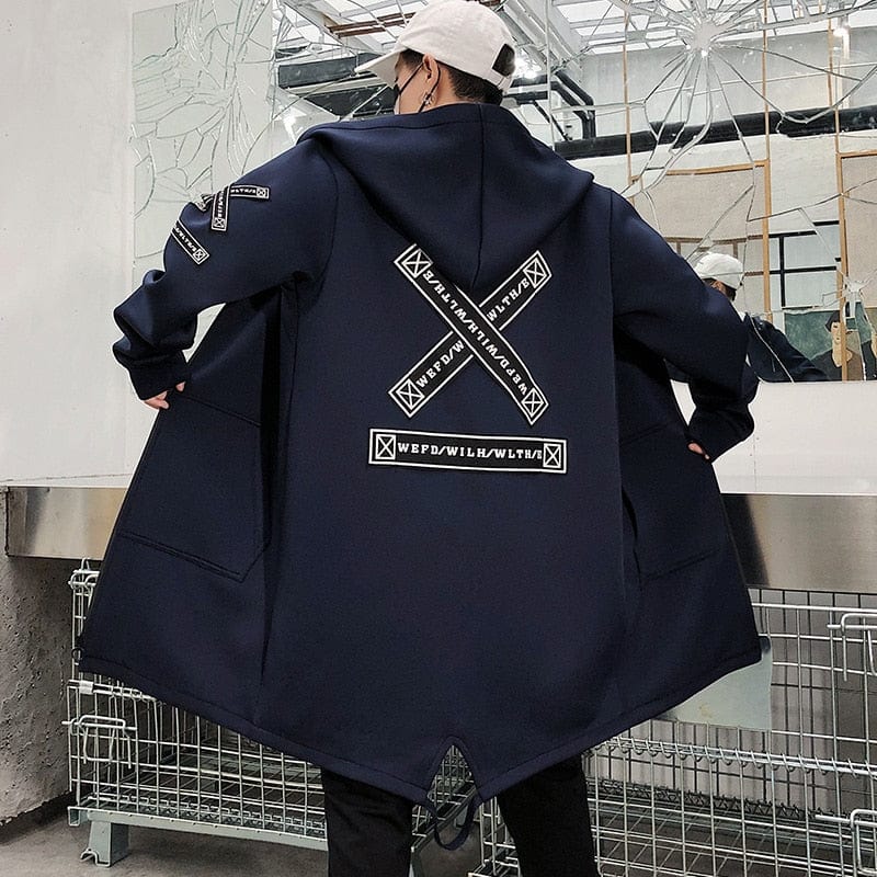 2023 Autumn Men Hooded Jackets Print Harajuku Windbreaker Ribbon Overcoat Male Casual Outwear Hip Hop Streetwear Coats LBZ155
