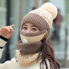 2021 New 3 Pieces Set Women's Knitted Hat Scarf Caps Neck Warmer Winter Hat For Ladies Girls Skullies Beanies Warm Fleece Caps