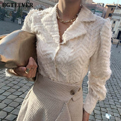 BGTEEVER Elegant Notched Collar Women Tassels Shirts Blouses 2021 Spring New Single-breasted Female Workwear Shirts Tops Blusas