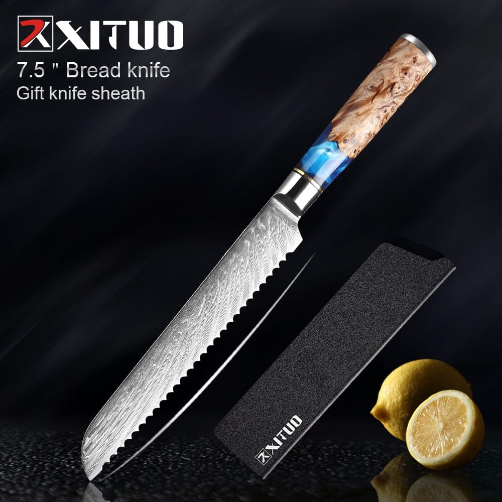 XITUO Kitchen Knives-Set Damascus Steel Chef Knife Cleaver Paring Utility Bread Knife Cooking Tool Blue Resin Handle 1-6Pcs/Set - Wowza