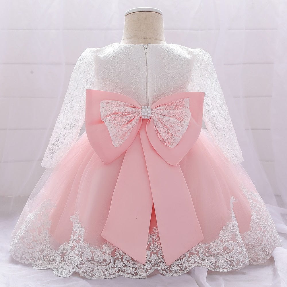 Newborn Long Sleeve Baby Girl Dresses Party Wedding Girl Lace Big Bow Dresses Infant Girl 1st Birthday Princess Baptism Dress