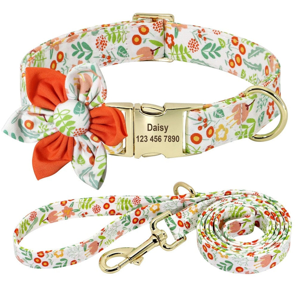 Floral Persoalized Dog Collar Fashion Printed Custom Nylon Dog Collars With Free Engraved Nameplate For Small Medium Large Dogs