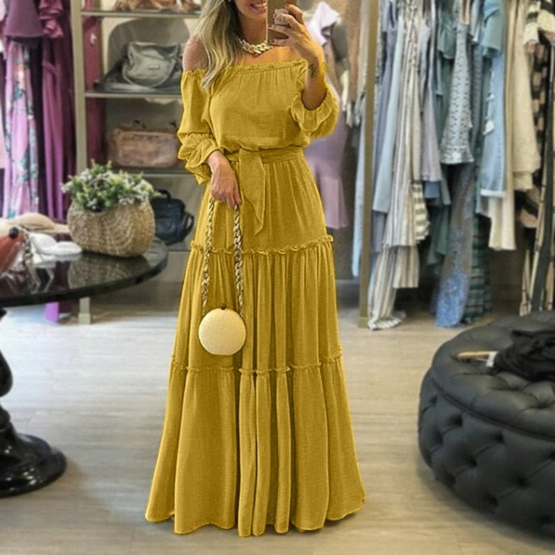 ZANZEA Fashion Off Shoulder Vestidos Female Lace Up Belted Dresses Beach Holiday Ruffle Robe Womens Bohemian Long Maxi Dress