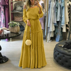 ZANZEA Fashion Off Shoulder Vestidos Female Lace Up Belted Dresses Beach Holiday Ruffle Robe Womens Bohemian Long Maxi Dress