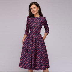 Women Retro Tunic 3/4 Long Sleeved Floral Print Bodycon Dresses Vintage Dress Elegant Ladies Dress