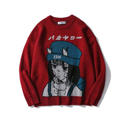 Harajuku Handsome Pullover Sweater Oversized Japanese Anime Cartoon Style Men and Women Print Knitted Sweater Long Sleeves Tops