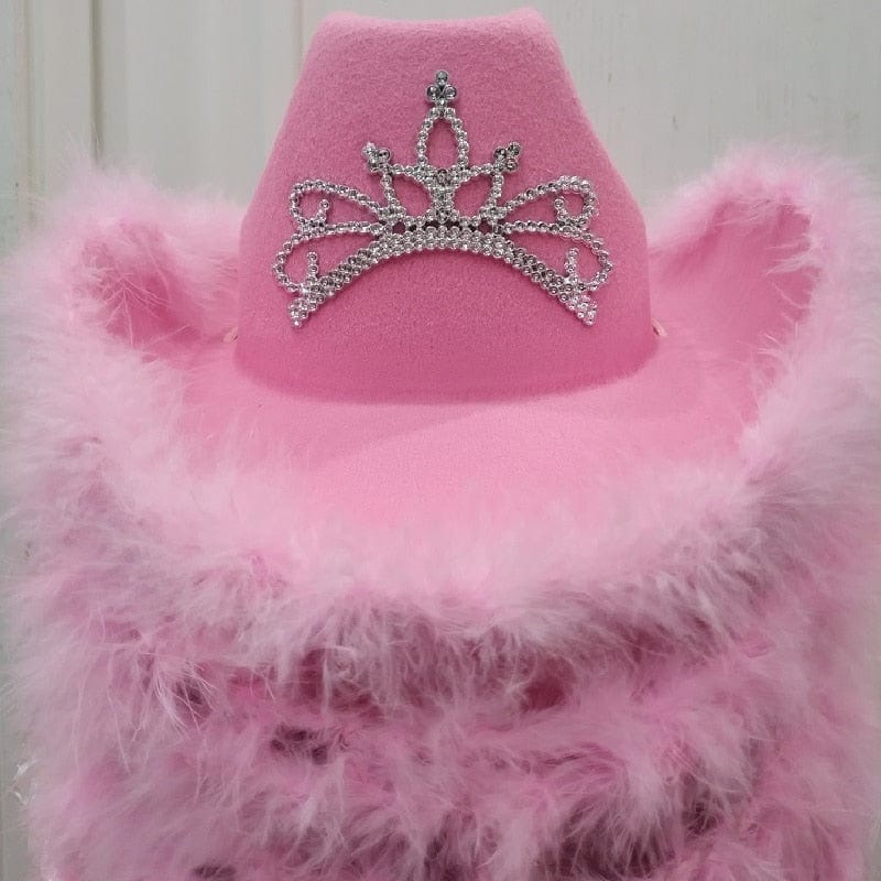 Women Wide Brim Fedora Women Girl Tiara Western Pink Cowboy Hat for Party