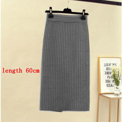 Mid-long Knitted Half-length Skirt Women's High waist One-step Skirt Autumn And Winter Hip Skirt Open-forked Elegant Skirts