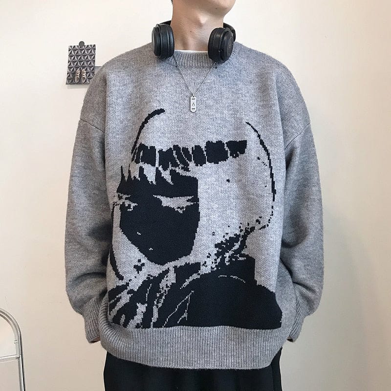 Harajuku Handsome Pullover Sweater Oversized Japanese Anime Cartoon Style Men and Women Print Knitted Sweater Long Sleeves Tops