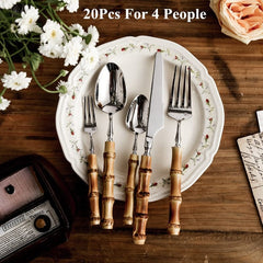 Creative Nature Bamboo Cutlery Set 304 Stainless Steel Steak Cutlery Tableware set Spoon and Fork Hign-end Quality Dinnerware - Wowza