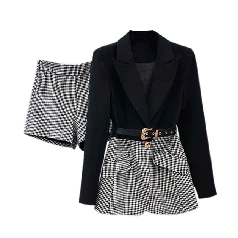 TWOTWINSTYLE Korean Patchwork Plaid Two Piece Set For Women Lapel Long Sleeve Sashes Blazer Wide Leg Shorts Casual Sets Female
