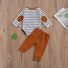 lioraitiin 2 Pcs Baby Boy Girl Casual Suit Clothing Round Neck Long Sleeve Stripe Romper Button Decoration Loose Trousers