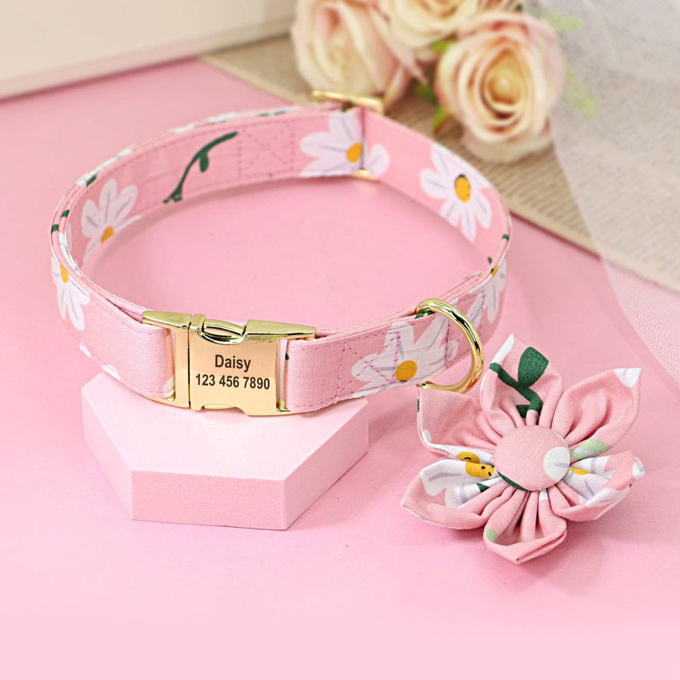 Floral Persoalized Dog Collar Fashion Printed Custom Nylon Dog Collars With Free Engraved Nameplate For Small Medium Large Dogs