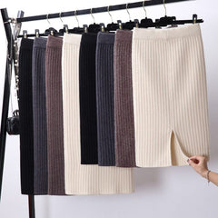 Mid-long Knitted Half-length Skirt Women's High waist One-step Skirt Autumn And Winter Hip Skirt Open-forked Elegant Skirts