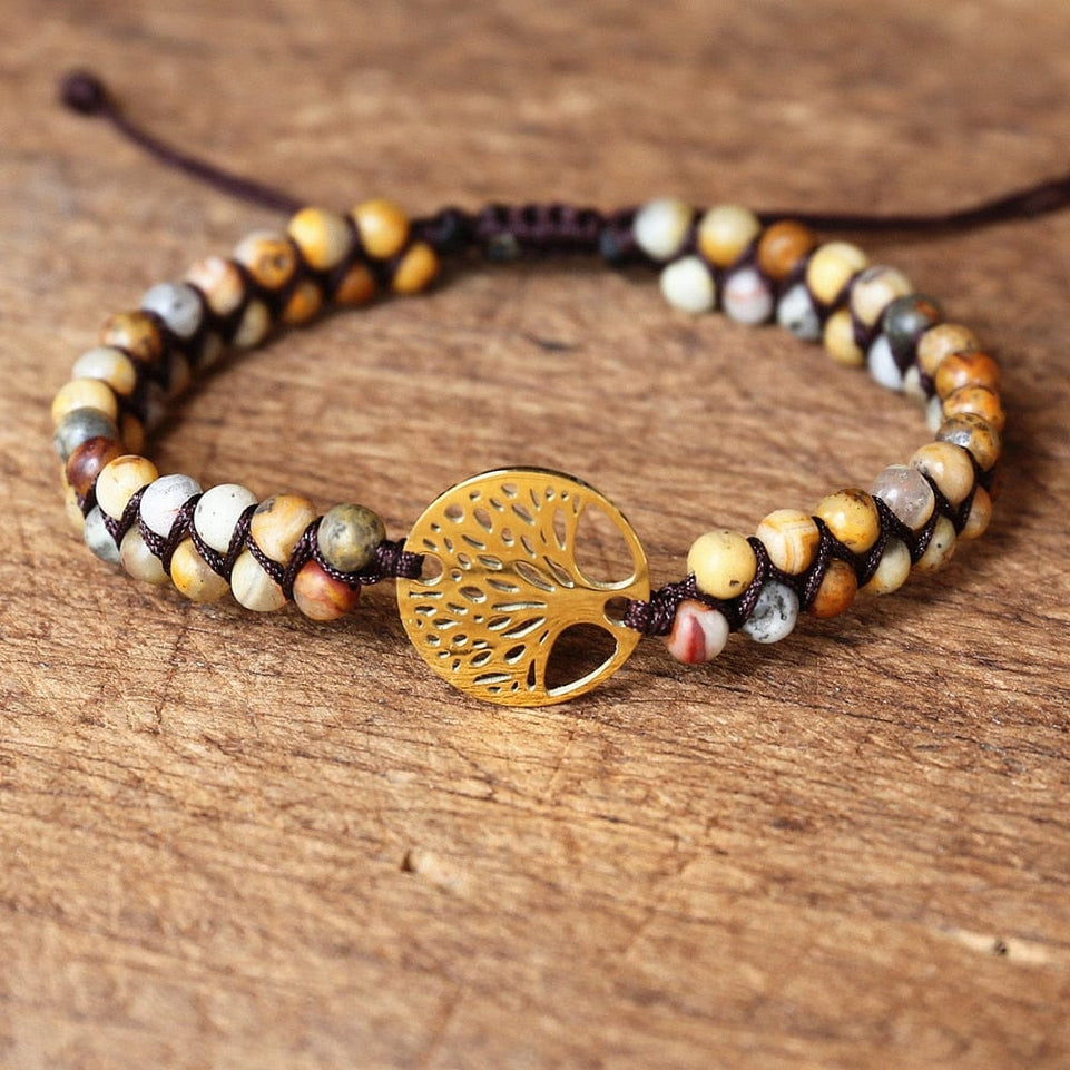 Handmade Natural African Stone Beaded Boho Yoga Wrap Bracelet & Bangle Stainless Steel Tree of Life Braided Charm Bracelet