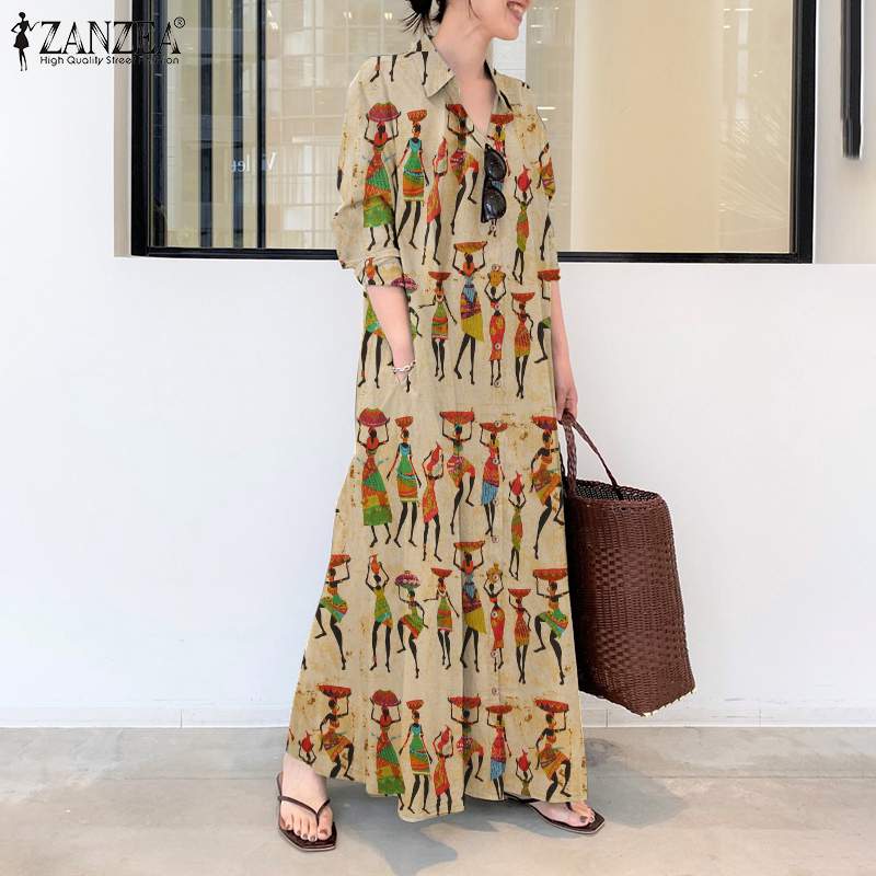 Elegant Printed Shirt Dress Women's Autumn Sundress ZANZEA Casual Long Sleeve Maxi Vestido Female Lapel Button Robe