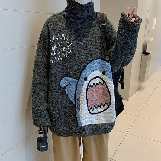 ZAZOMDE Men Turtlenecks Shark Sweater Men 2023 Winter Patchwor Harajuku Korean Style High Neck Oversized Grey Turtleneck For Men