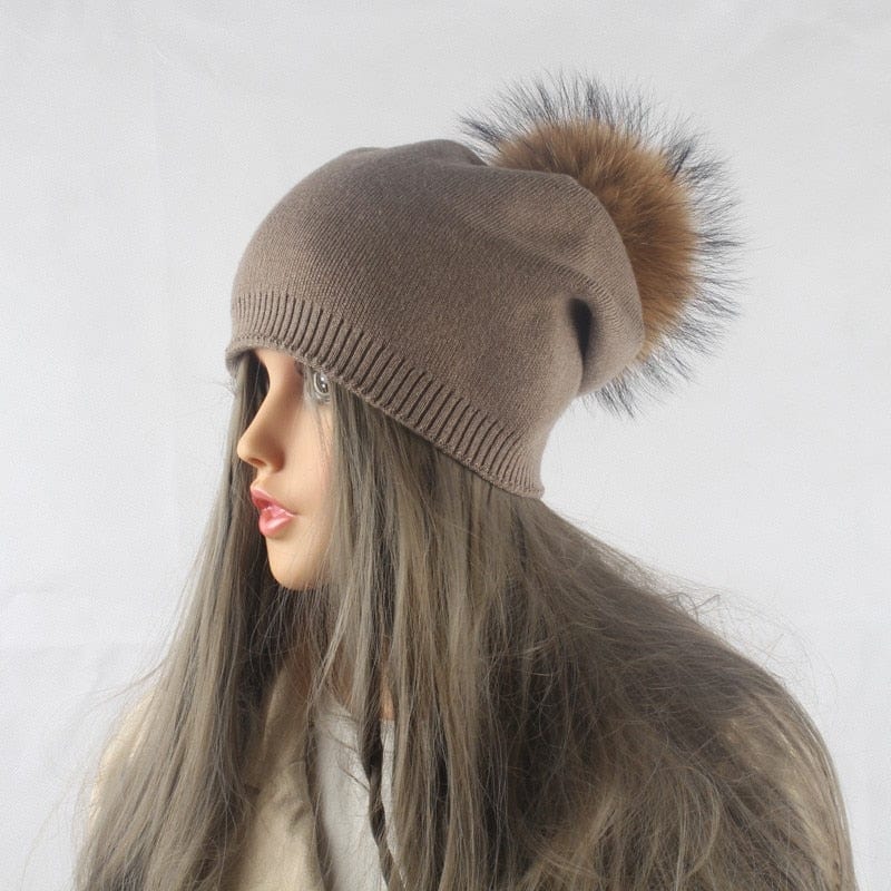 Autumn Winter Warm Knitted Hat Women Wool Skullies Beanies Casual Female Cashmere Beanie Cap Real Raccoon Fur Pompom Hat