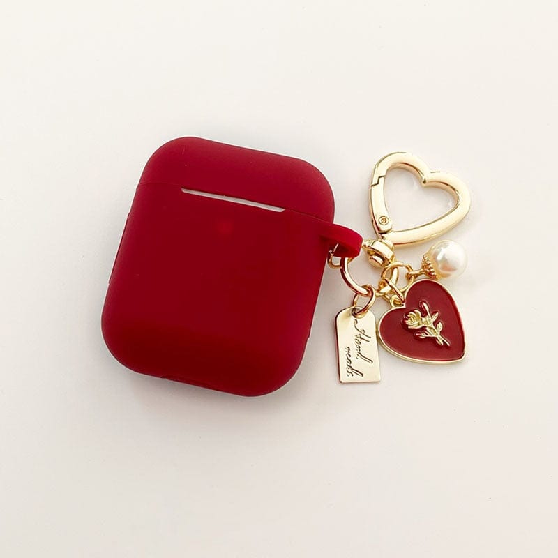 Vintage Roses Pearl Keychain Wine Red Silicone Earphone Case For Apple Airpods 1 2 Pro 3 Bluetooth Headset Cover Sweet Cute