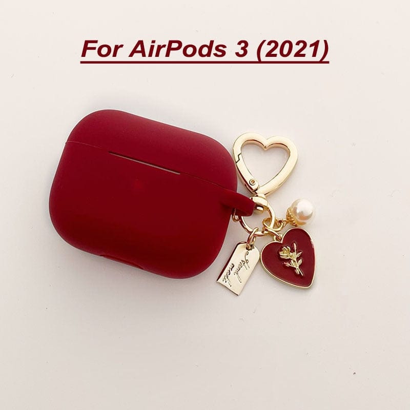 Vintage Roses Pearl Keychain Wine Red Silicone Earphone Case For Apple Airpods 1 2 Pro 3 Bluetooth Headset Cover Sweet Cute