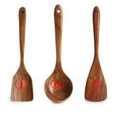 7pcs/set Teak Natural Wood Tableware Spoon Ladle Turner Rice Colander Soup Skimmer Cooking Spoon Scoop Kitchen Reusable Tool Kit - Wowza