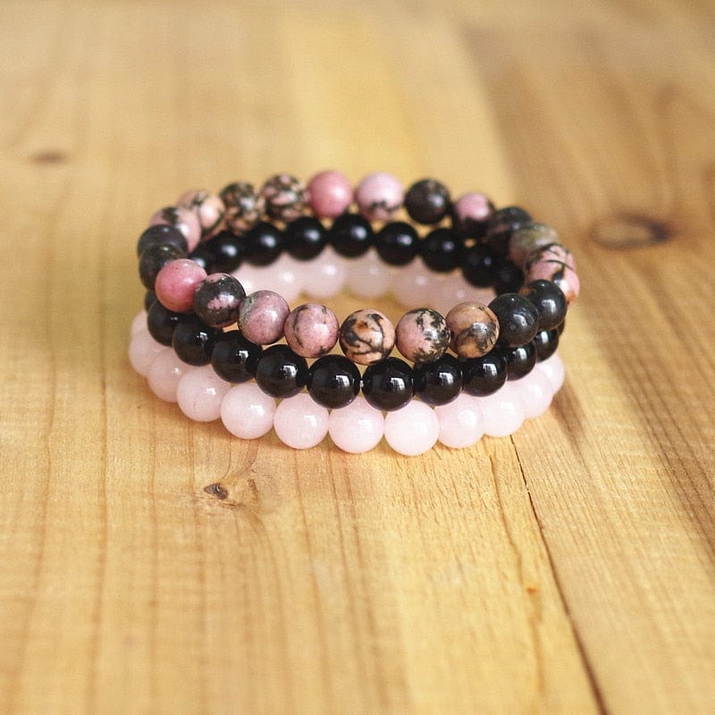 8mm Natural Stone Bracelet Sets Men Women Rhodonite Rose Quartzs Black Onyx Beaded Stackable Wrist Mala Charm Bracelets