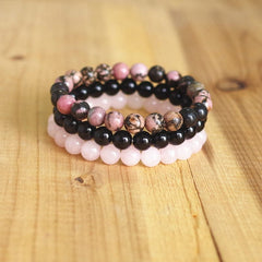 8mm Natural Stone Bracelet Sets Men Women Rhodonite Rose Quartzs Black Onyx Beaded Stackable Wrist Mala Charm Bracelets