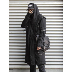 Men Fake two Trench Jacket Windbreaker Men Gothic Punk Streetwear Long Jacket Coats Function Hoody Clothes Black