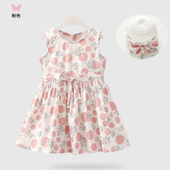 2PCS/Set Girls Dress +Hat Cotton Comfortable Children's Dress 2023 Summer Dress Floral Girls' Sleeveless Dress For Children