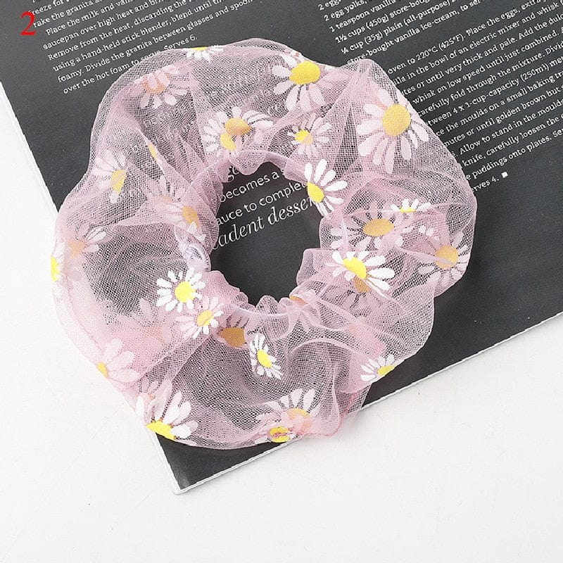 Sweet Embroidery Flowers Mesh Scrunchies Women Romantic Pink Blue Hair Rope Transparent Tulle Organza Hair Ties Hair Accessories