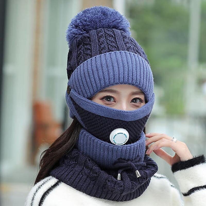 2021 New 3 Pieces Set Women's Knitted Hat Scarf Caps Neck Warmer Winter Hat For Ladies Girls Skullies Beanies Warm Fleece Caps