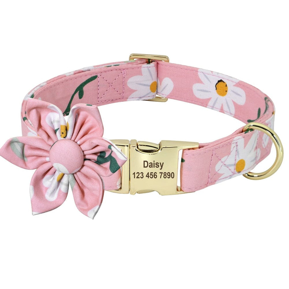 Floral Persoalized Dog Collar Fashion Printed Custom Nylon Dog Collars With Free Engraved Nameplate For Small Medium Large Dogs