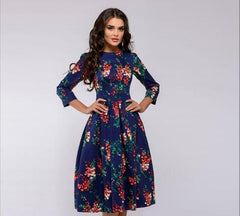 Women Retro Tunic 3/4 Long Sleeved Floral Print Bodycon Dresses Vintage Dress Elegant Ladies Dress