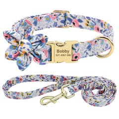 Custom Engraved Dog Collar With Leash Nylon Printed Dog ID Collars Pet Walking Belt For Small Medium Large Dogs Flower Accessory