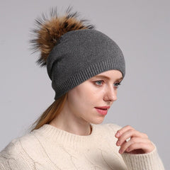 Autumn Winter Warm Knitted Hat Women Wool Skullies Beanies Casual Female Cashmere Beanie Cap Real Raccoon Fur Pompom Hat