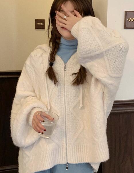 Women Autumn Winter Oversize Knitted Cardigan Casual 2022 Hooded Twist Sweater Zipper Long Sleeve Crochet Outerwear