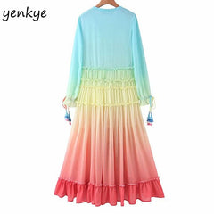 Summer Dress Women Gradient Multicolor Holiday Long Dress Romantic Lady Tassel Cuffs V Neck A-line Boho Beach Dress