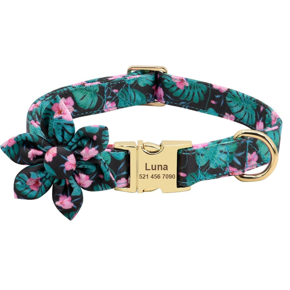 Custom Engraved Dog Collar With Leash Nylon Printed Dog ID Collars Pet Walking Belt For Small Medium Large Dogs Flower Accessory