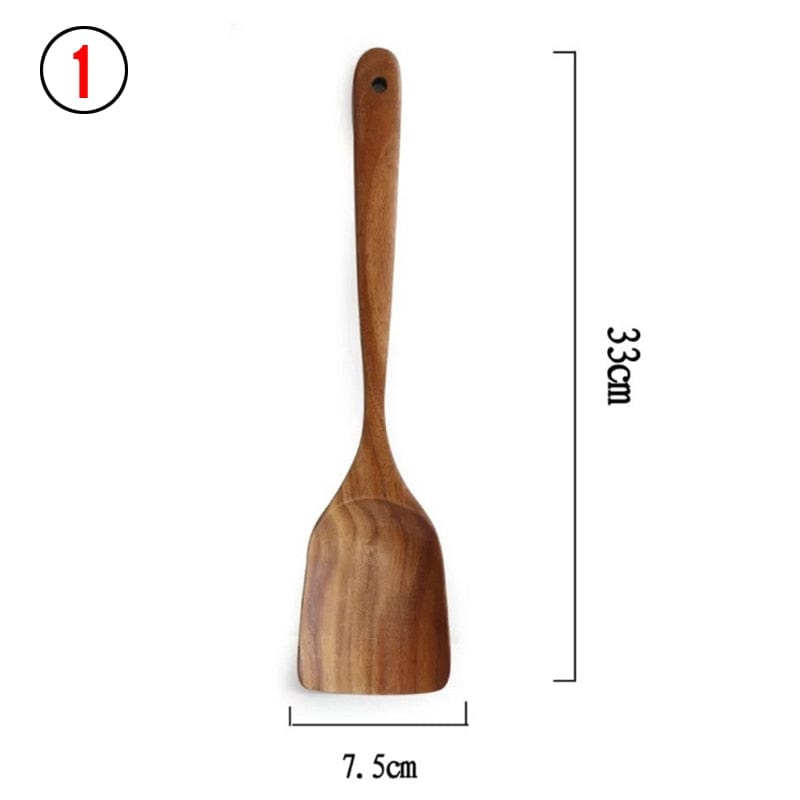 7pcs/set Teak Natural Wood Tableware Spoon Ladle Turner Rice Colander Soup Skimmer Cooking Spoon Scoop Kitchen Reusable Tool Kit - Wowza