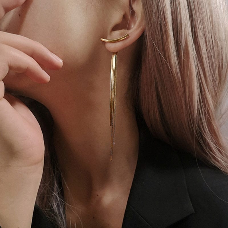 Korean Vintage Glossy Arc Bar Long Tassel Drop Earrings for Women Gold Color Geometric Fashion Jewelry Luxury Hanging Pendientes