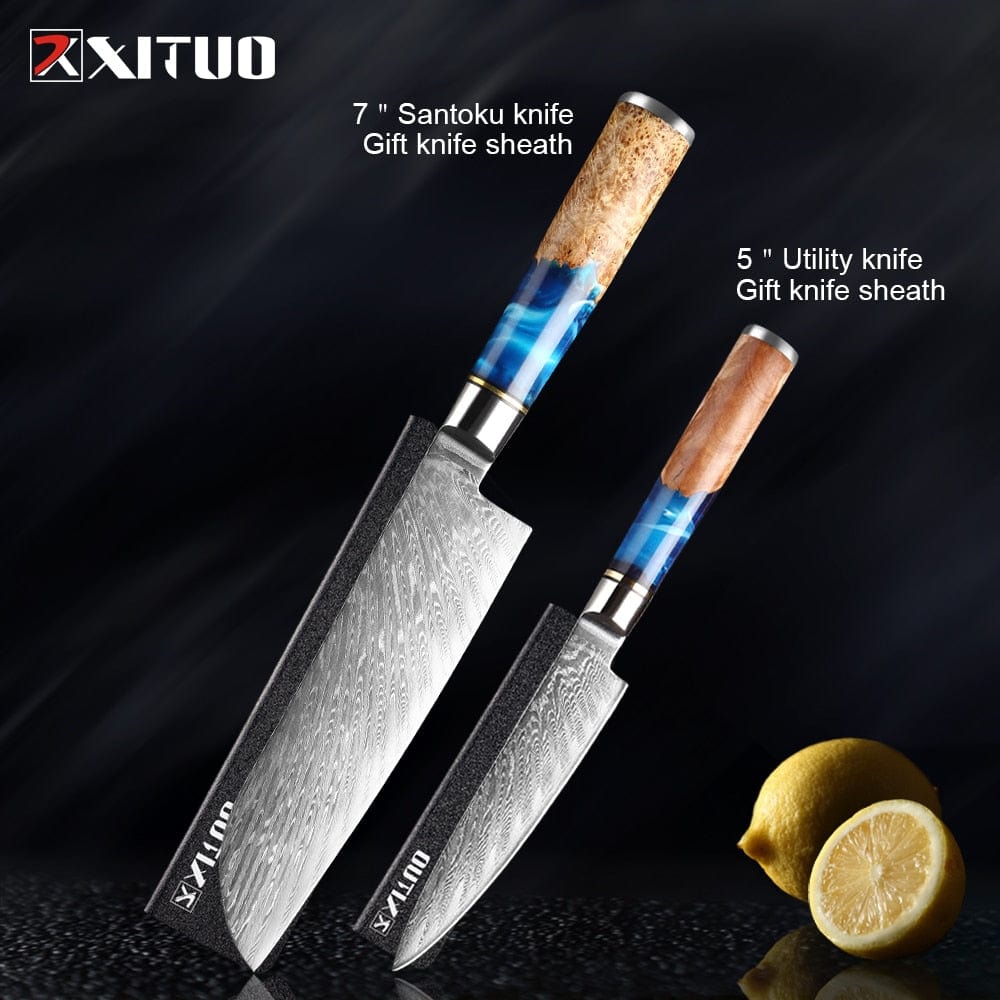 XITUO Kitchen Knives-Set Damascus Steel Chef Knife Cleaver Paring Utility Bread Knife Cooking Tool Blue Resin Handle 1-6Pcs/Set - Wowza